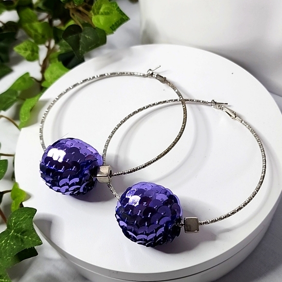 Large Silver Statement Hoop Earrings with Lavender Purple Sequin Disco Ball… - Picture 1 of 7
